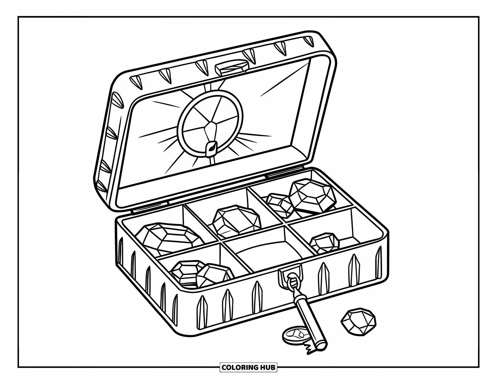 Gem Coloring Page for Kids: A jewelry box holding gems and coins with a small lock