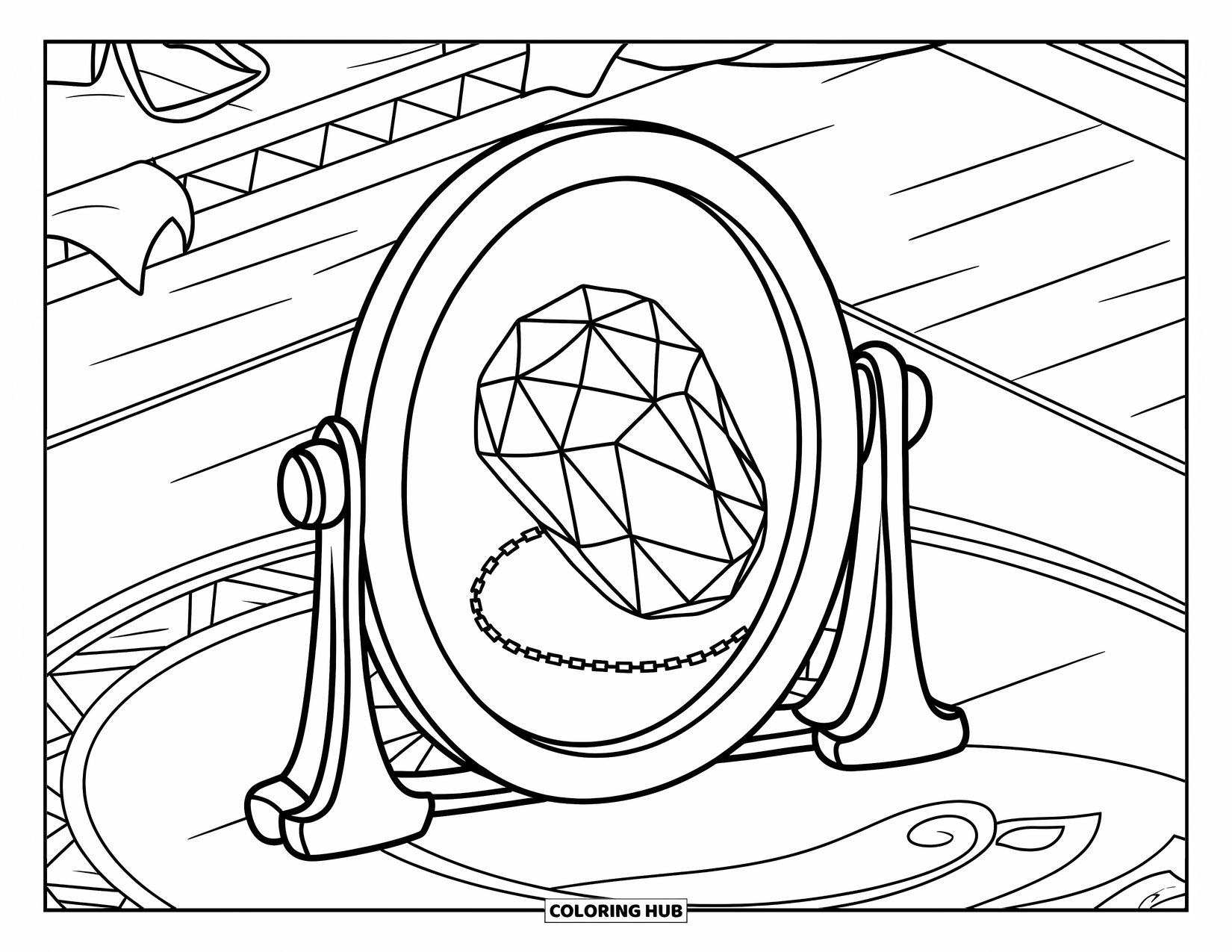Gem Coloring Page for Kids: A mirror on a stand reflecting a floating garnet with a chain