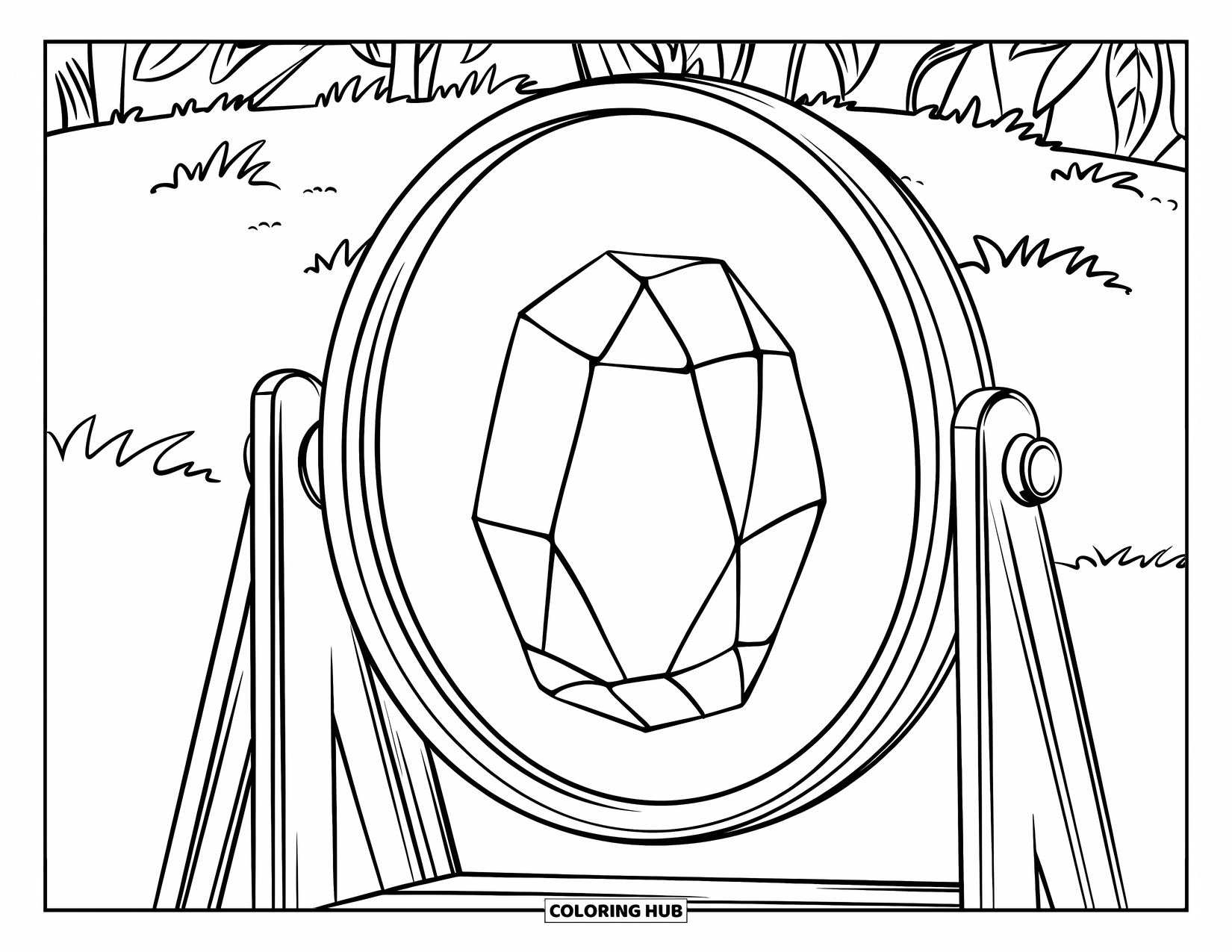Gem Coloring Page for Kids: A mirror on a stand reflecting a large floating garnet in a forest