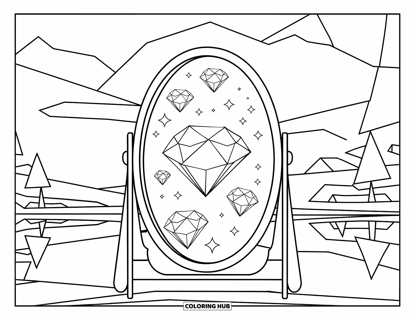 Gem Coloring Page for Kids: A mirror reflecting a floating garnet surrounded by smaller stones