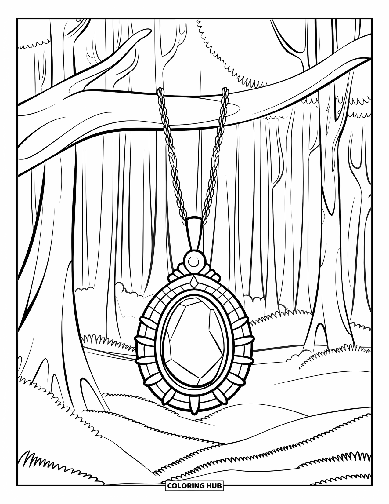 Gem Coloring Page for Kids: A moonstone pendant hanging from a branch in a forest