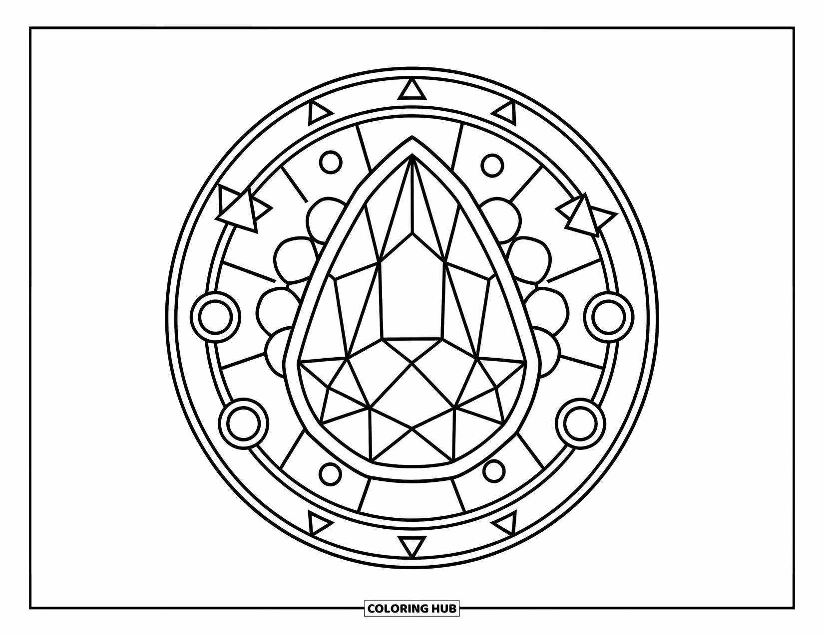 Gem Coloring Page for Kids: A pear-shaped topaz framed by circles and triangles