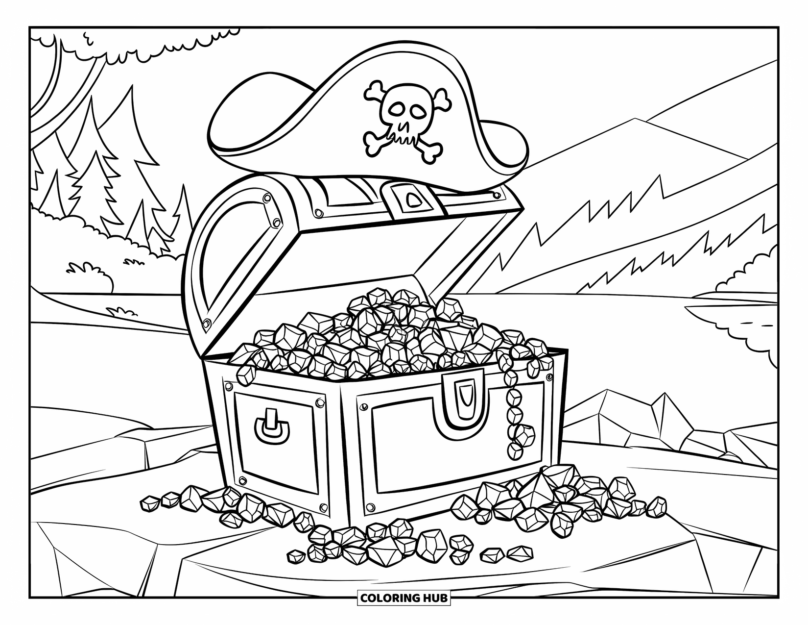 Gem Coloring Page for Kids: A rocky chest of jewels topped with a pirate hat
