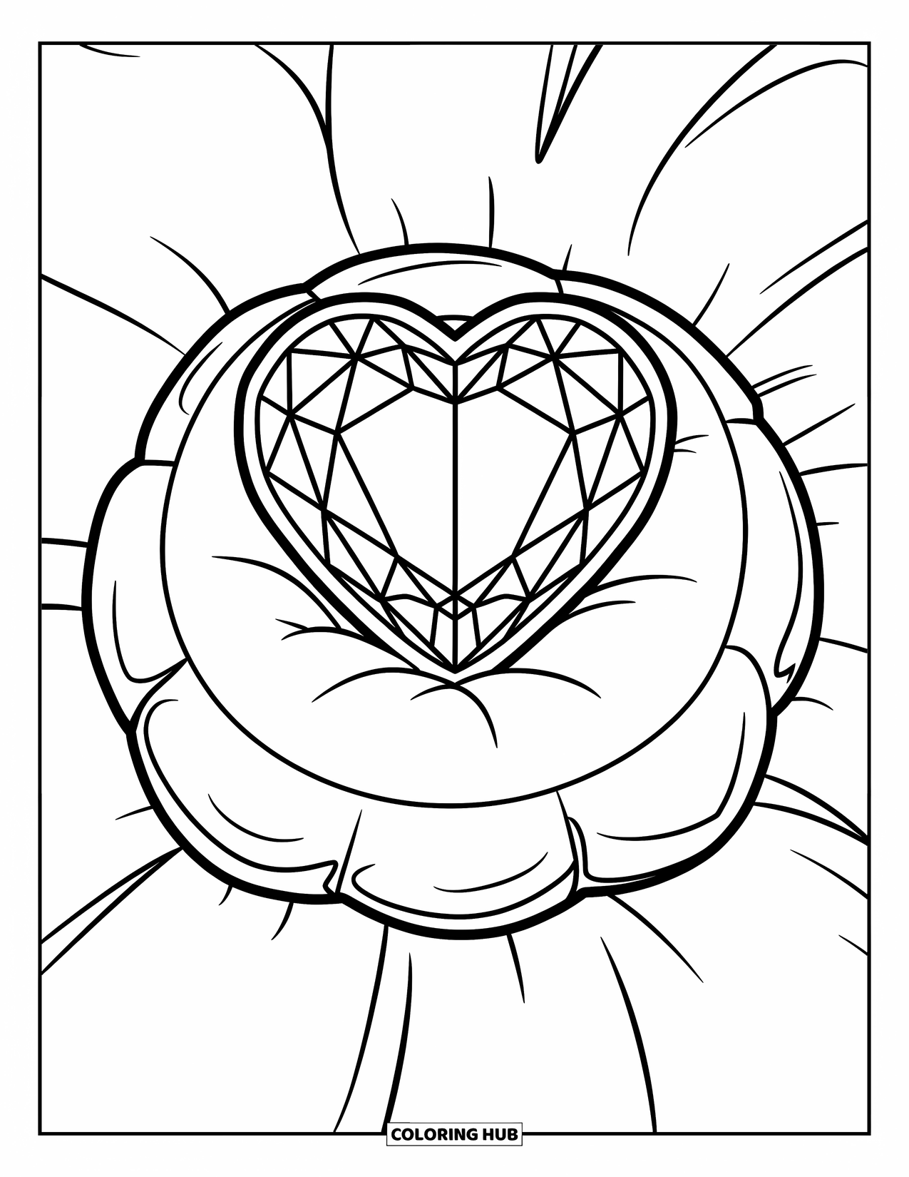 Gem Coloring Page for Kids: A ruby heart on a cushion with bold outlines