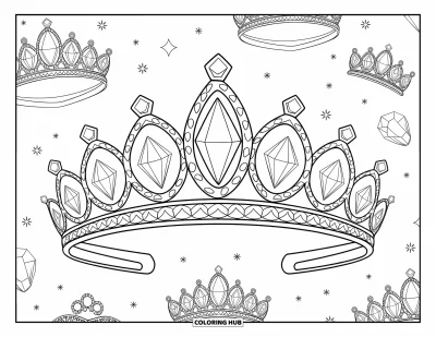 Desen de colorat cu pietre prețioase pentru copii: O diademă cu acvamarin, topaz și diamant, plus pietre prețioase împrăștiate în jur