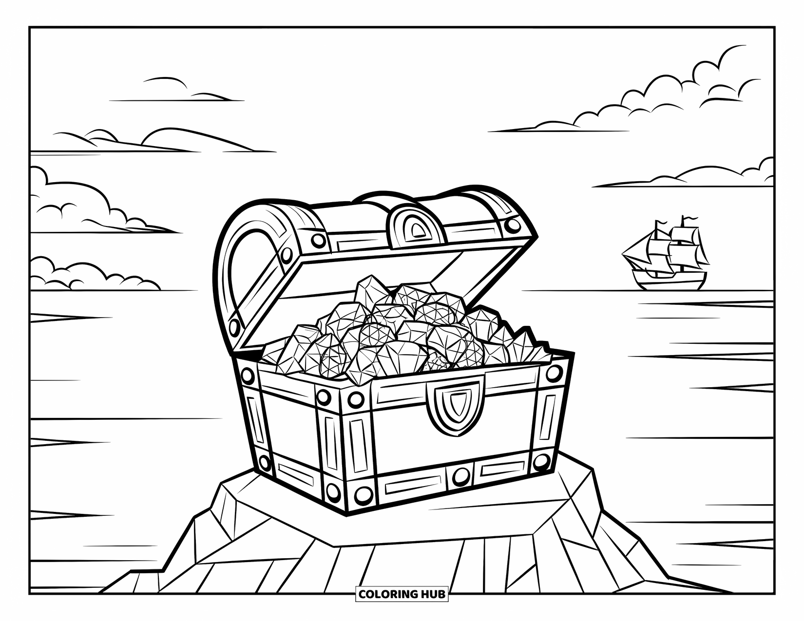 Gem Coloring Page for Kids: A treasure chest on a sea rock with a ship in the distance