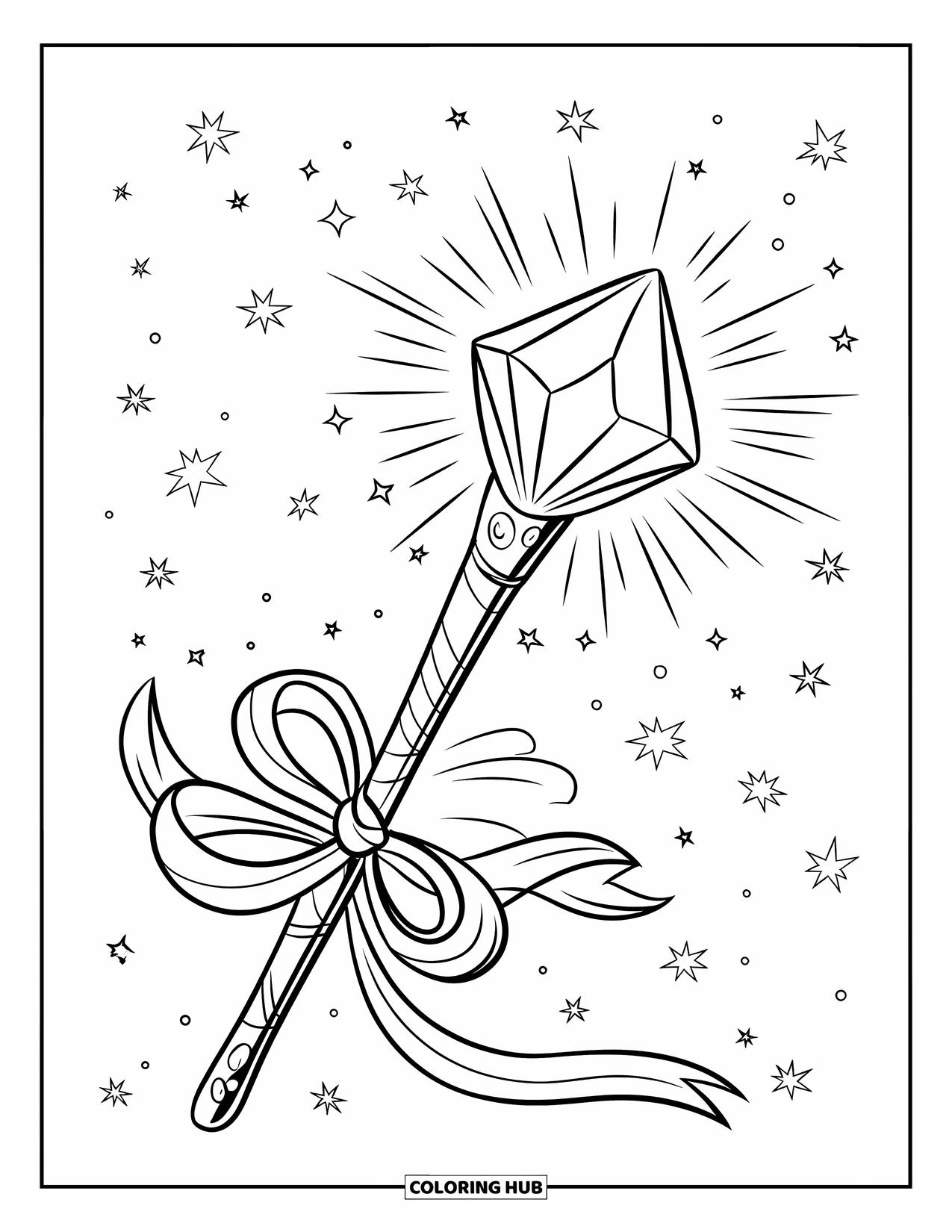 Gem Coloring Page for Kids: A wand with glowing amethyst and ribbon against a night sky
