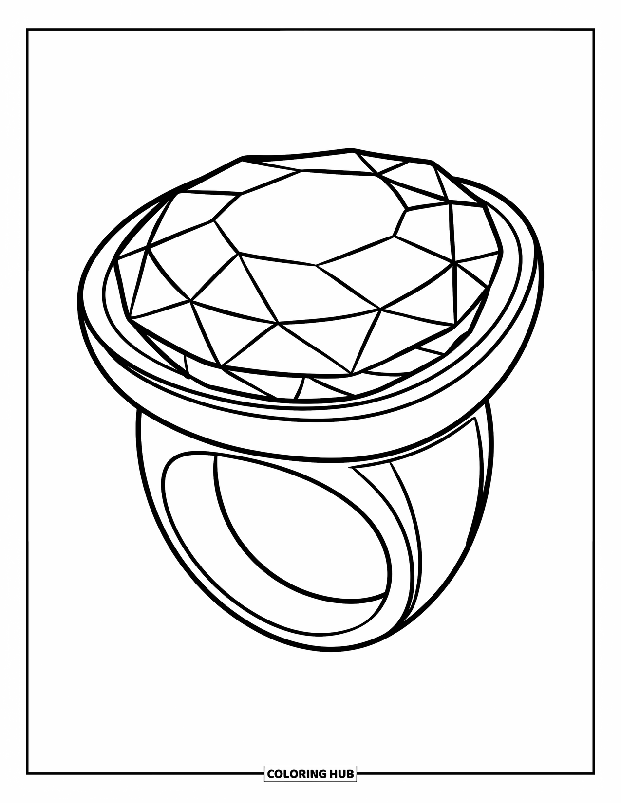 Gem Coloring Page for Kids: A wide ring with a soft-edged amethyst gemstone on top