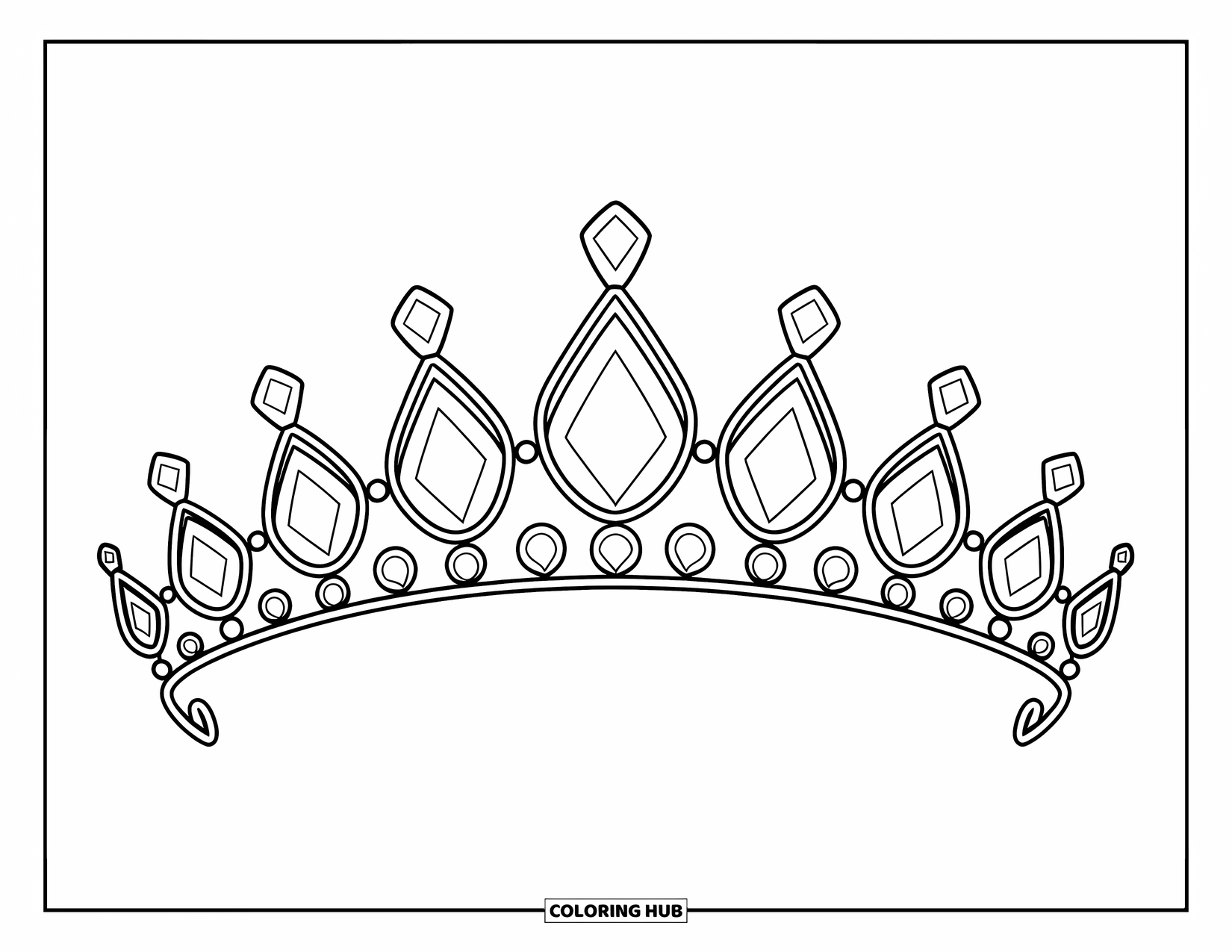 Gem Coloring Page for Kids: A wide tiara with a large gem surrounded by smaller stones