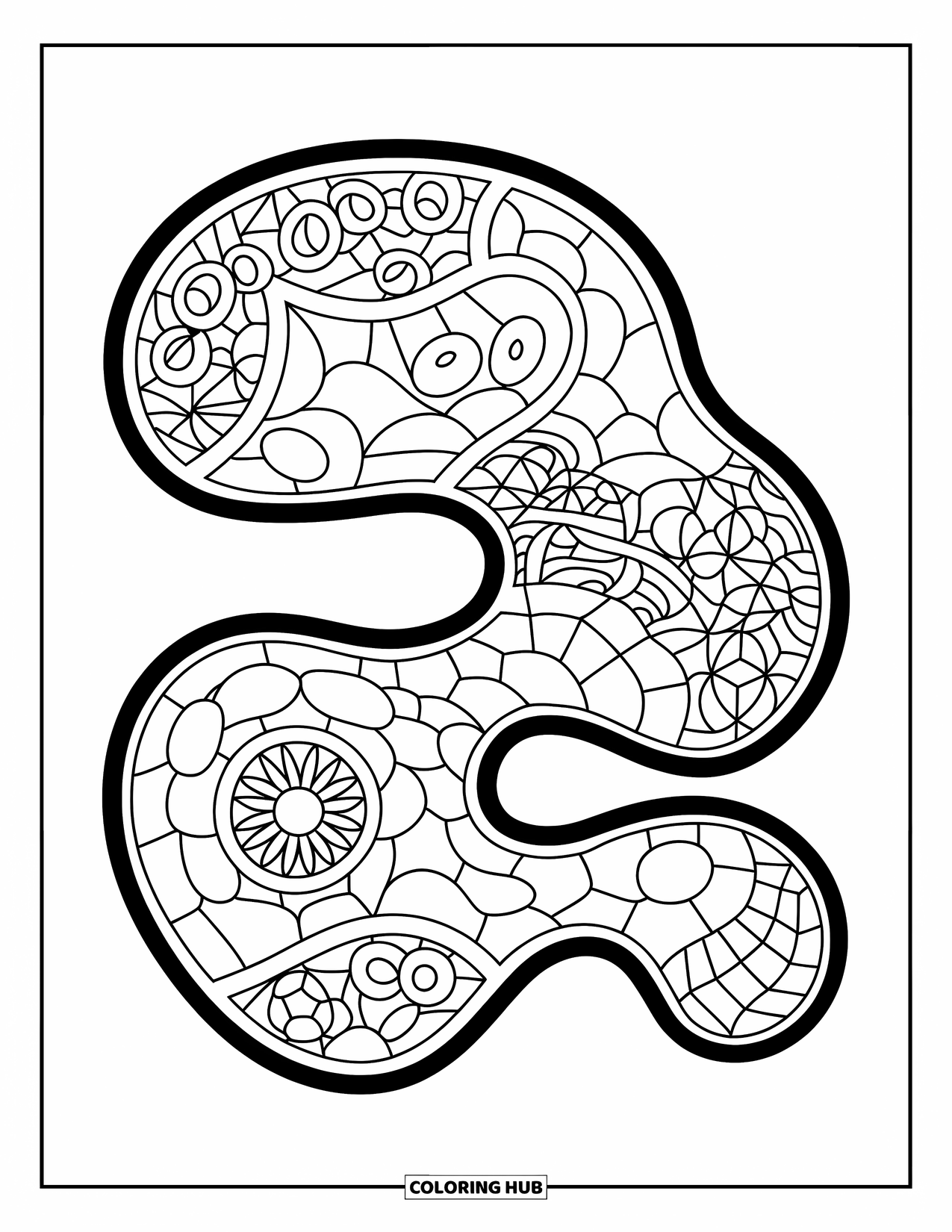 Germ Coloring Page for Adults: Amoeba-like germ filled with swirls, flowers, and geometric panes