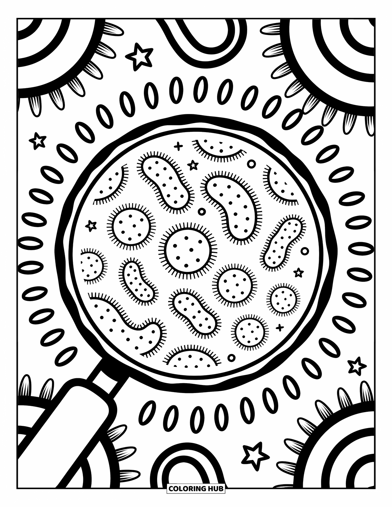 Germ Coloring Page for Adults: Microscopic germs and bacteria surrounded by circular frames and playful swirls