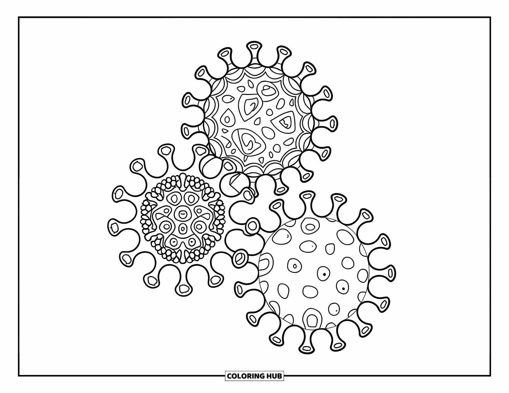 Germ Coloring Page for Adults: Three intricate mandala germs on a plain white background