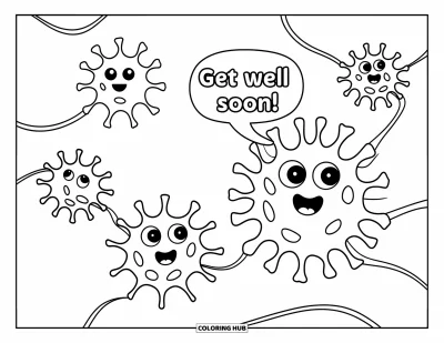 Mikrobivärityskuva lapsille: Neljä mikrobia aaltoilevine viivoineen ja "Get well soon!" -kupla