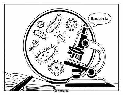 Mikrobivärityskuva lapsille: Mikroskooppinäkymä bakteereista, viruksista, sienistä ja "Bacteria"-kuplasta