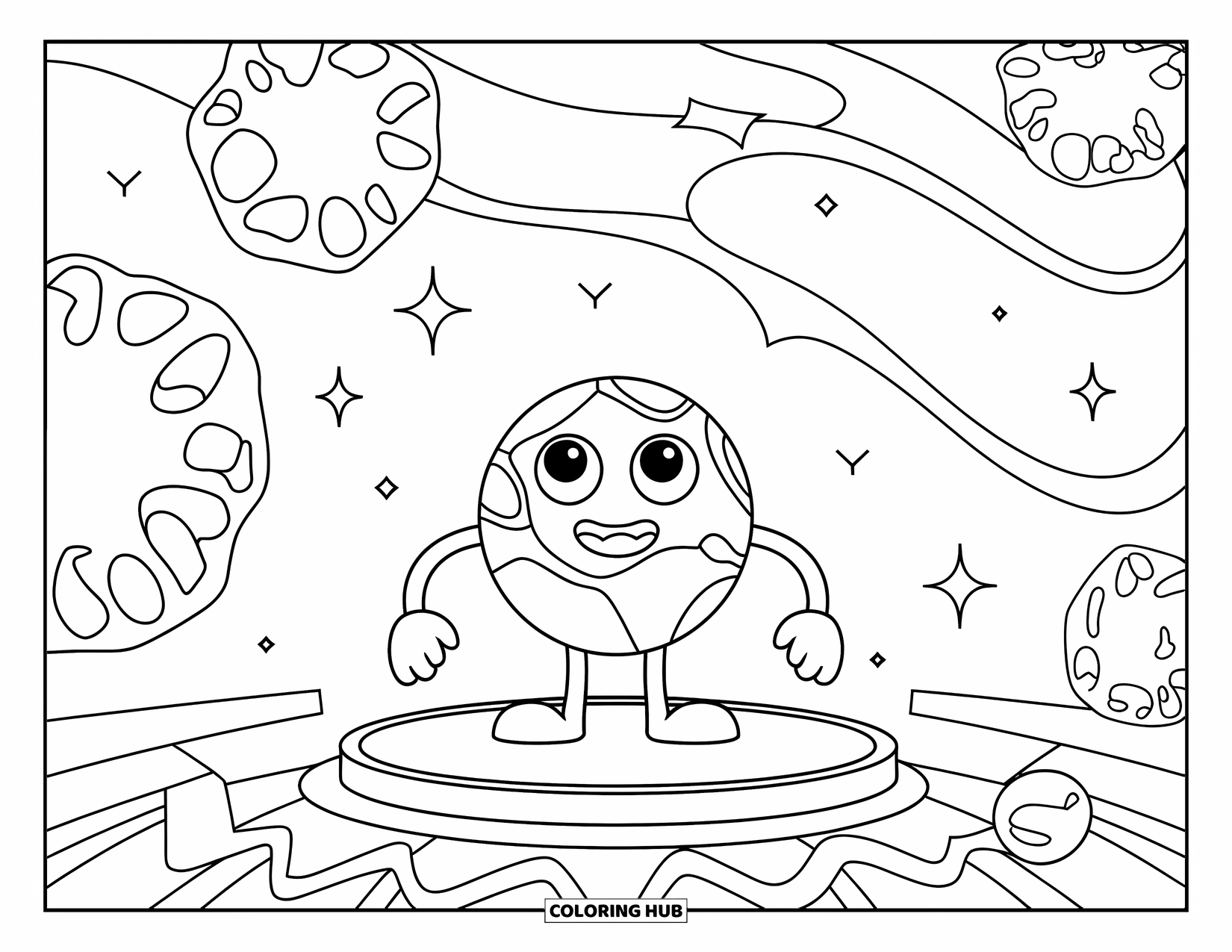 Germ Coloring Page for Kids: Rod Germ character on a platform with round germs in the background