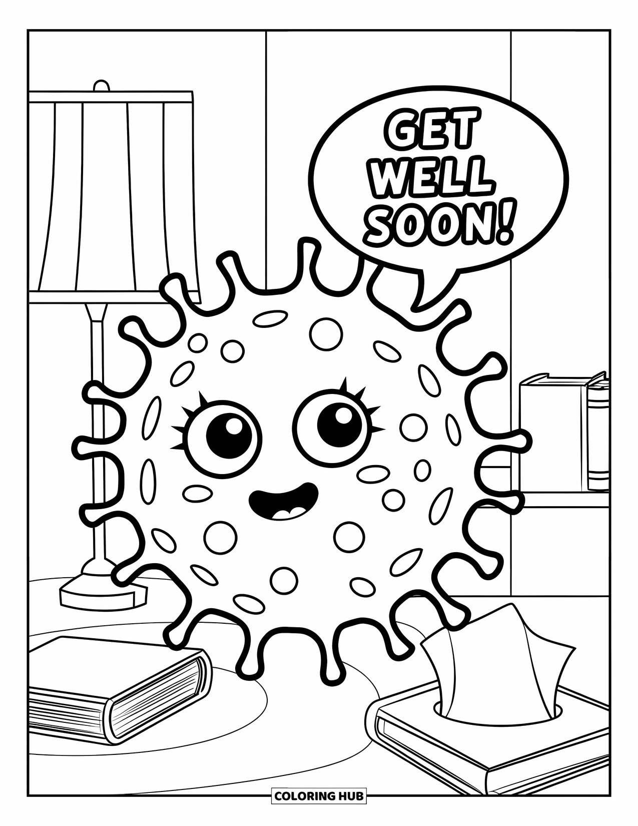 Germ Coloring Page for Kids: Spiky germ with a speech bubble saying "Get well soon!"