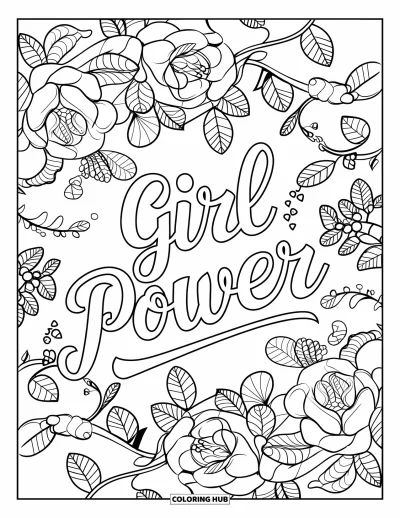 Yetişkinler için Güçlü Kız Boyama Sayfası: Güllü güçlü bir çiçek mandalası güzel el yazısıyla "Girl Power" yazısını çevreliyor