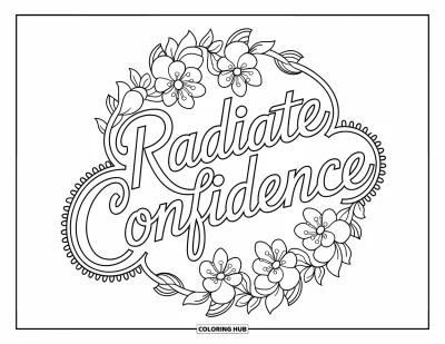 Yetişkinler için Güçlü Kız Boyama Sayfası: Yumuşak çiçek ve döngülerden oluşan narin bir mandala "Radiate Confidence" yazısını sarıyor