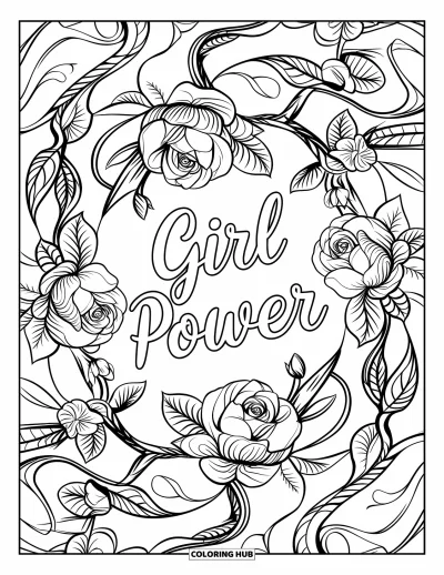 Yetişkinler için Güçlü Kız Boyama Sayfası: "Girl Power" yazısı, gül ve sarmaşık dolgulu tam sayfalık bir mandalanın içinde el yazısıyla parlıyor