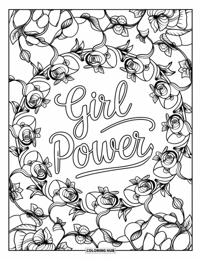 Yetişkinler için Güçlü Kız Boyama Sayfası: Açan güller ve sarmaşıklardan oluşan mandala içinde el yazısıyla "Girl Power" yazıyor