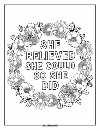Yetişkinler için Güçlü Kız Boyama Sayfası: Şakayık ve kıvrımlı yapraklarla "She Believed She Could So She Did" yazısı çerçevelenmiş