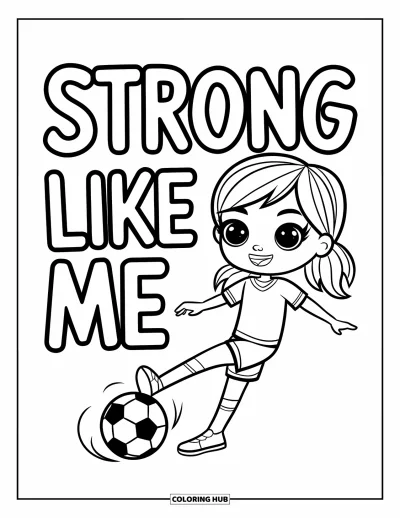 Çocuklar için Güçlü Kız Boyama Sayfası: Neşeli bir kız topu tekmeliyor; üzerinde "Strong Like Me" yazısı var