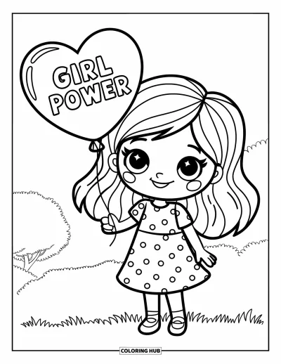 Çocuklar için Güçlü Kız Boyama Sayfası: Kalp balonlu neşeli bir kız ağaçların arasında çimenlerde duruyor; "Girl Power" yazısı var