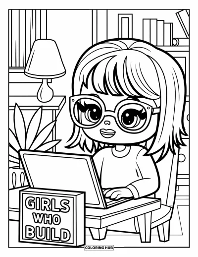 Çocuklar için Güçlü Kız Boyama Sayfası: Kod yazan bir kız odasında çalışıyor; duvarda "Girls Who Build" yazıyor