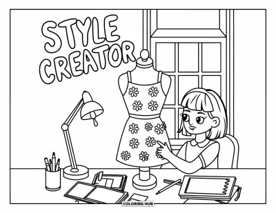 Çocuklar için Güçlü Kız Boyama Sayfası: Modacı bir kız mankeni yanında çizim yapıyor; başlıkta "Style Creator" yazıyor