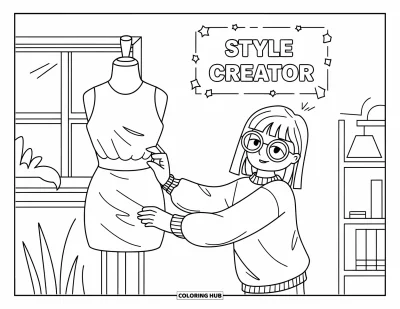 Çocuklar için Güçlü Kız Boyama Sayfası: Bir kız mankene kıyafet tasarlarken üstünde "Style Creator" yazıyor