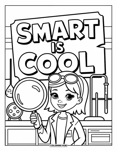 Çocuklar için Güçlü Kız Boyama Sayfası: Gözlüklü bir kız laboratuvarda dik duruyor; üstünde büyük "Smart is Cool" tabelası var