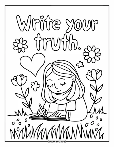 Çocuklar için Güçlü Kız Boyama Sayfası: Bir kız çayırda günlük yazıyor; altında "Write Your Truth" mesajı var