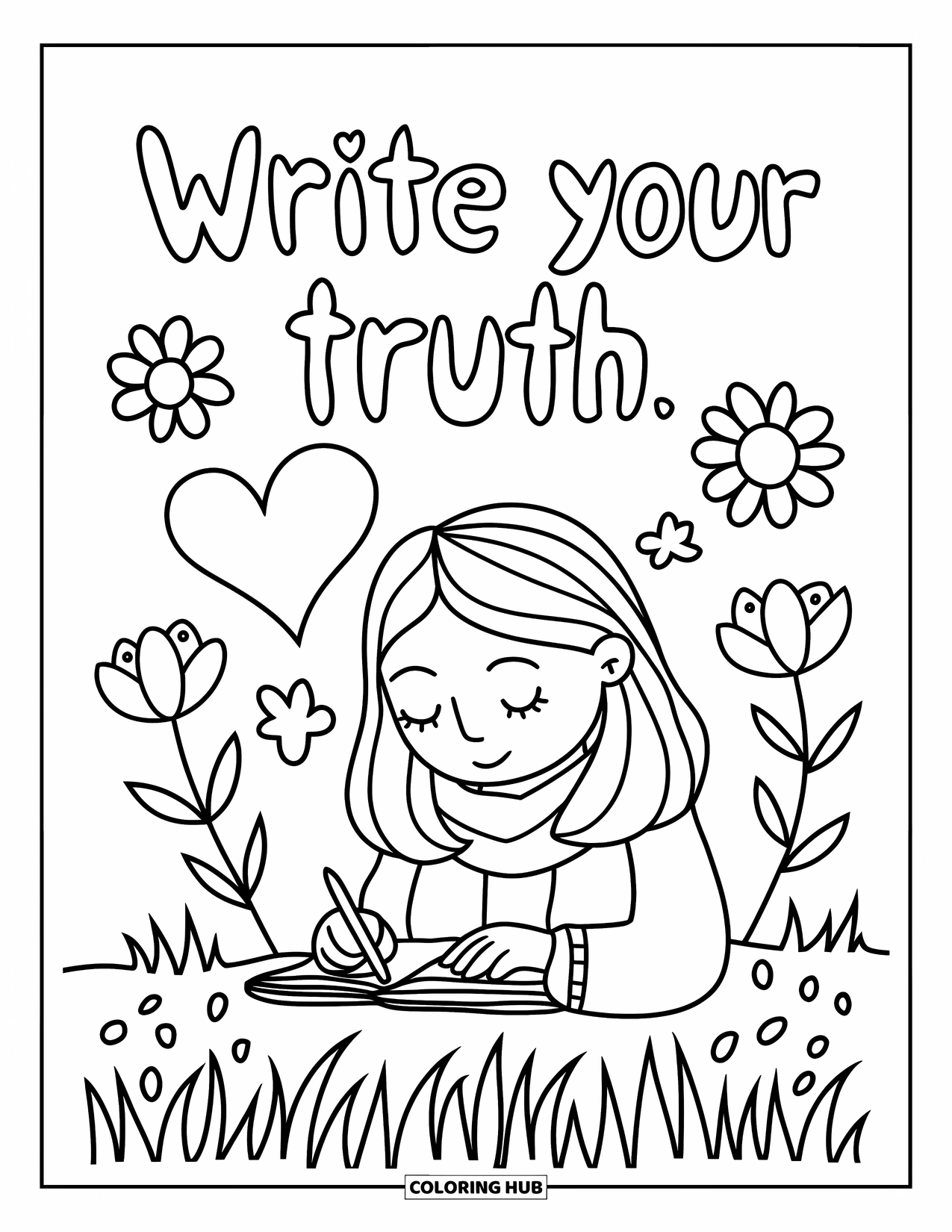 Girl Power Coloring Page for Kids: A girl journals in a meadow beneath the message "Write Your Truth"