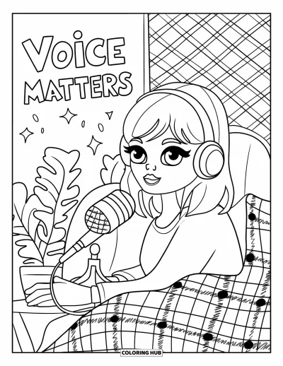 Çocuklar için Güçlü Kız Boyama Sayfası: Bir kız, etrafında bitkiler ve ekoseli kumaşlarla podcast kaydı yapıyor; üzerinde "Voice Matters" yazıyor
