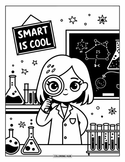 Çocuklar için Güçlü Kız Boyama Sayfası: Bir kız beherler ve kara tahtalara çalışıyor; üzerinde "Smart is Cool" yazısı var