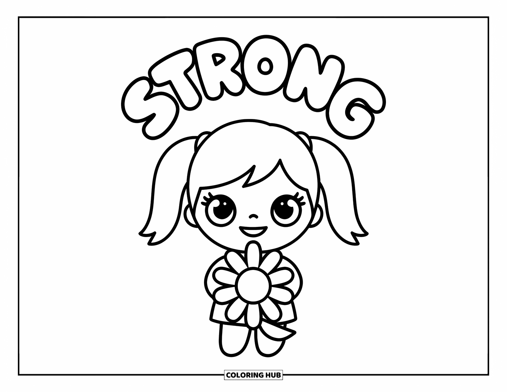 Girl Power Coloring Page for Kids: A girl with pigtails holds a big flower with "Strong" above her