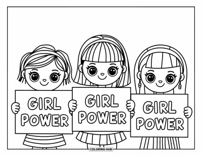 Çocuklar için Güçlü Kız Boyama Sayfası: Neşeli üç kız, ellerindeki "Girl Power" tabelalarıyla birlikteliklerini gösteriyor