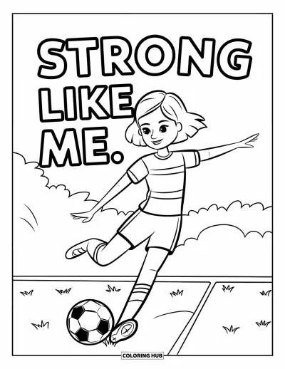 Çocuklar için Güçlü Kız Boyama Sayfası: Çizgili formasıyla futbol oynayan bir kız çimenlerde topu tekmeliyor; "Strong Like Me" yazısı var