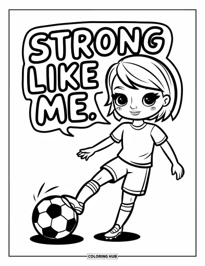 Çocuklar için Güçlü Kız Boyama Sayfası: Sportif bir kız çizgili topu tekmeliyor; konuşma balonunda "Strong Like Me" yazıyor
