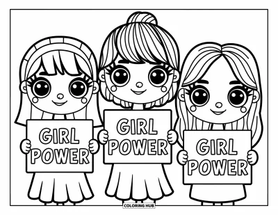 Çocuklar için Güçlü Kız Boyama Sayfası: Gözlüklü üç sevimli kız birlikte "Girl Power" tabelaları kaldırıyor
