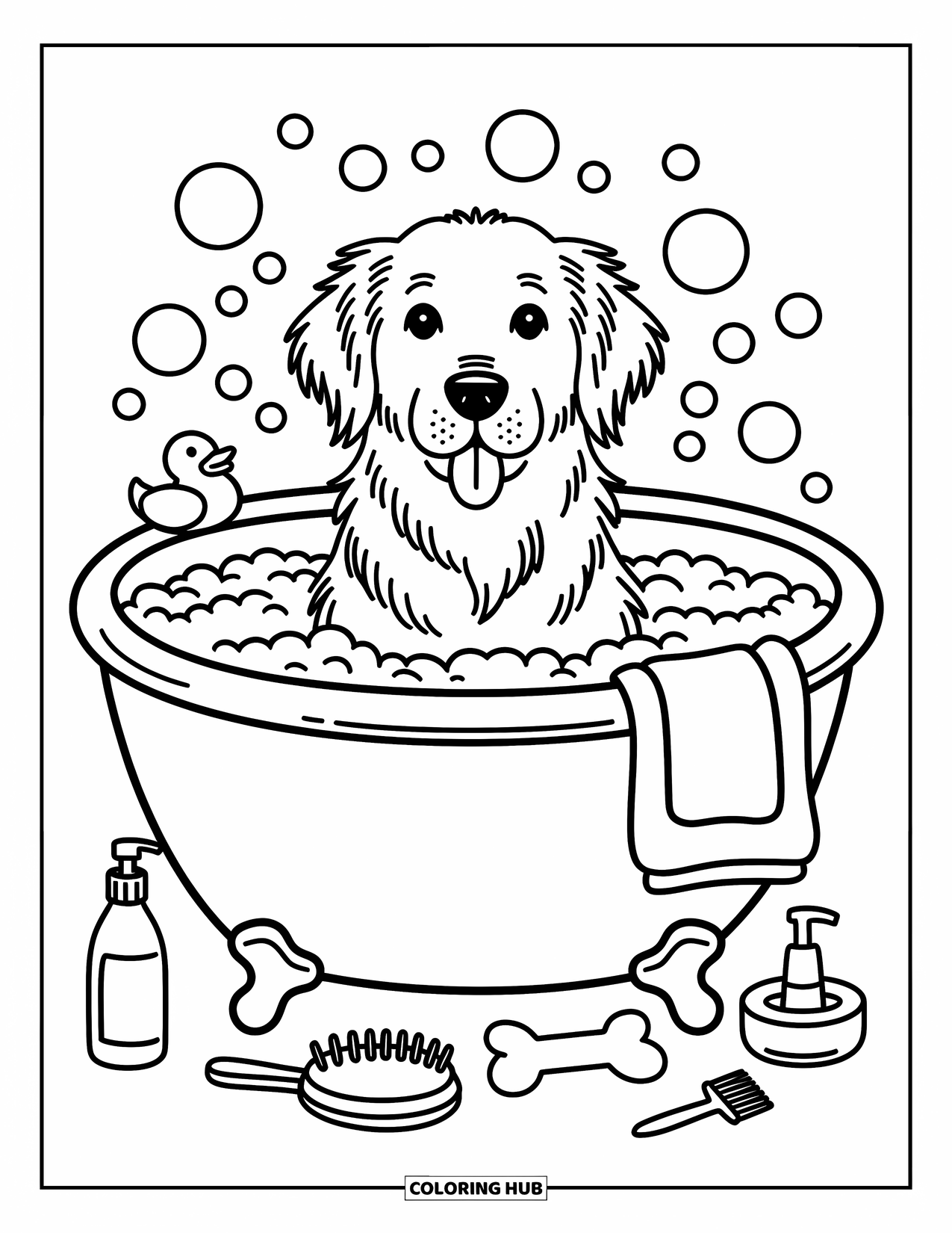 Golden Retriever Coloring Page for Adults: A bubbly bath scene shows the dog with floppy ears and a floating rubber duck