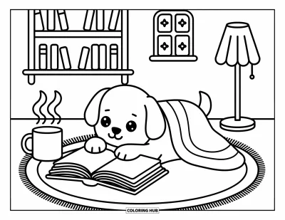 Desen de colorat cu Golden Retriever pentru adulți: Un cățeluș drăgălaș se cuibărește într-o pătură, citind sub cerul nopții la lumina blândă a lămpii