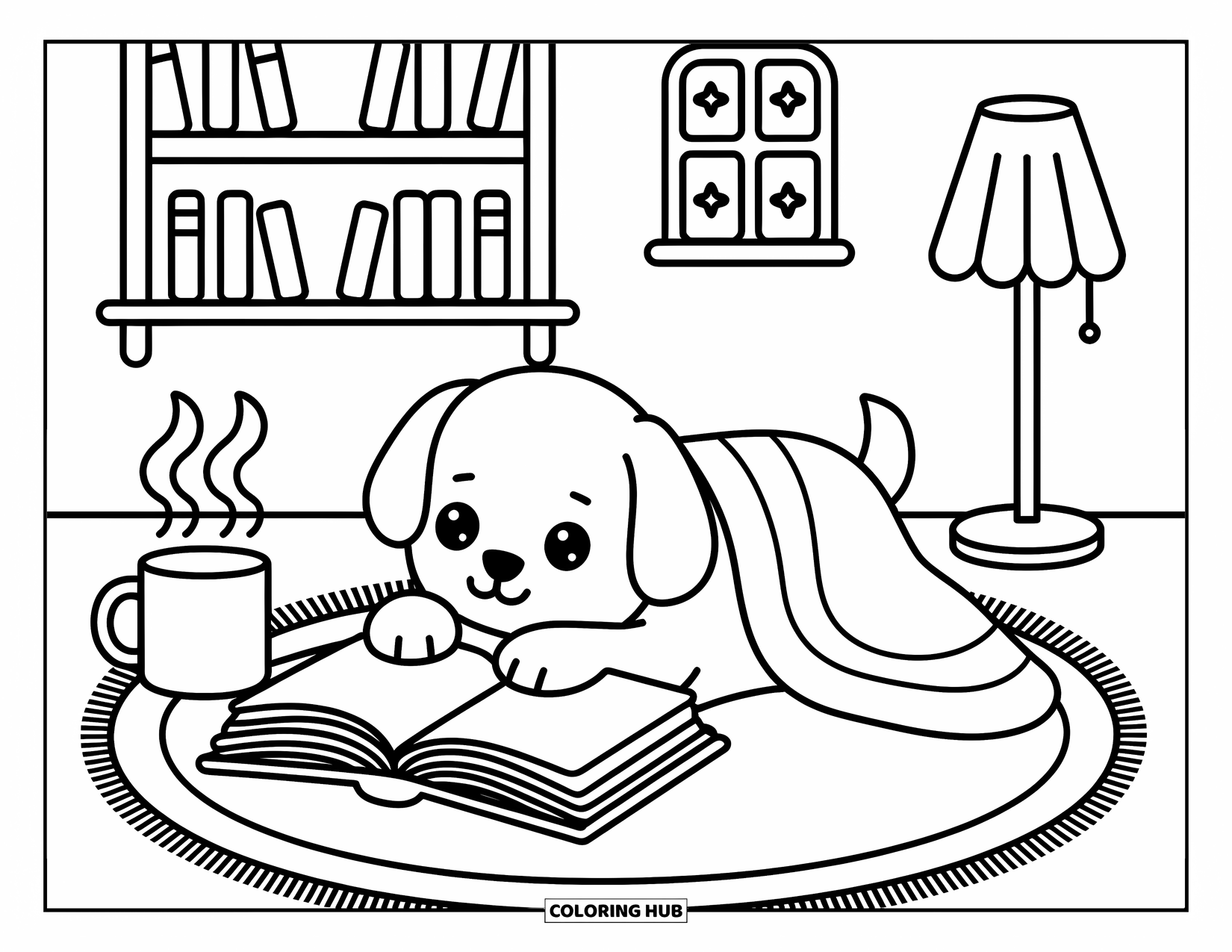 Golden Retriever Coloring Page for Adults: A cuddly dog snuggles in a blanket, reading under a night sky and soft lamplight