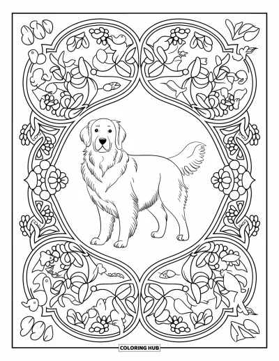 Desen de colorat cu Golden Retriever pentru adulți: Un cățeluș pufos stă în fața unei mandale florale cu păsări și iepurași în jur