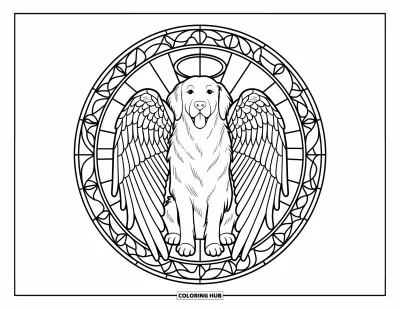 Desen de colorat cu Golden Retriever pentru adulți: Un Golden Retriever cu aripi stă calm într-un halou de vitralii îngeresc