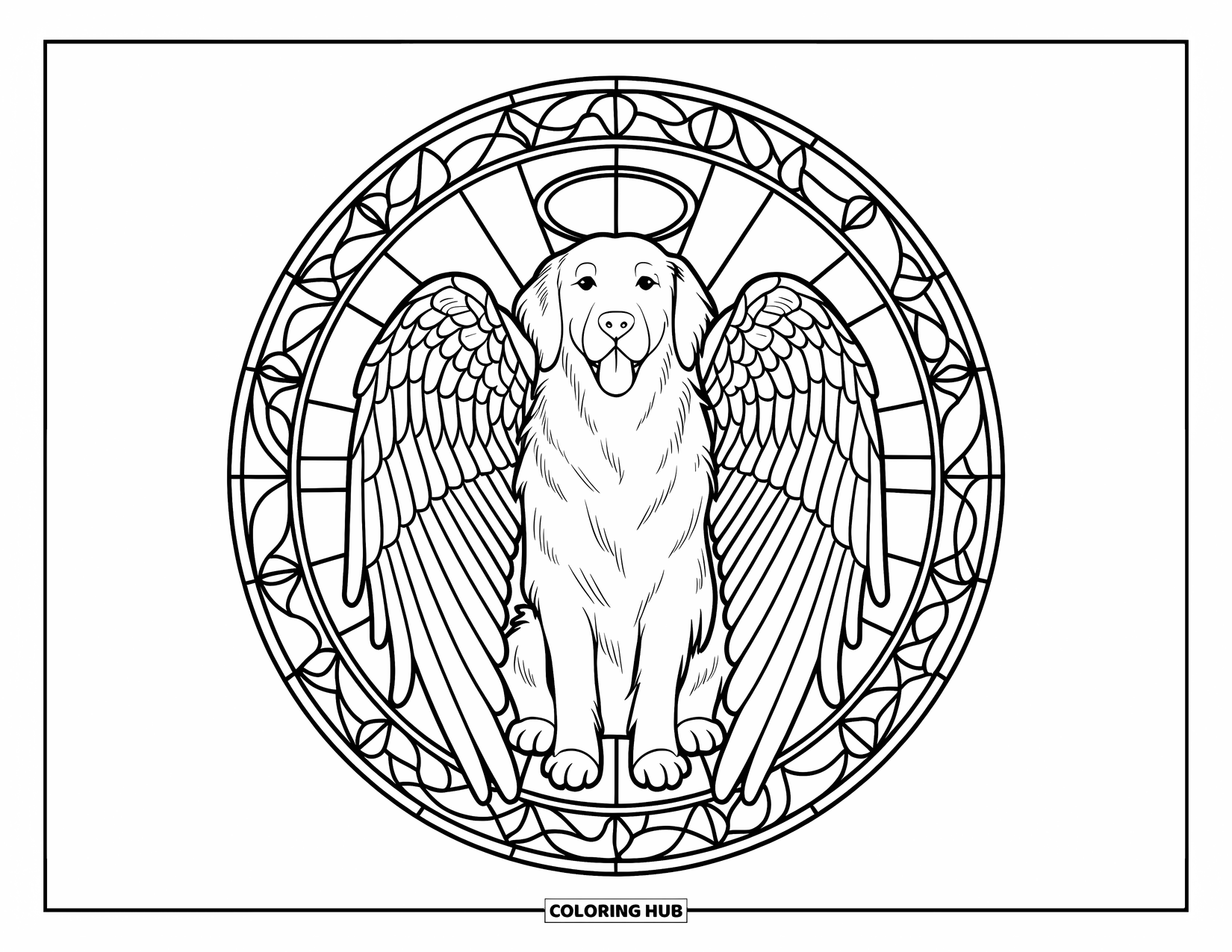 Golden Retriever Coloring Page for Adults: A golden retriever with wings sits calmly inside an angelic stained glass halo