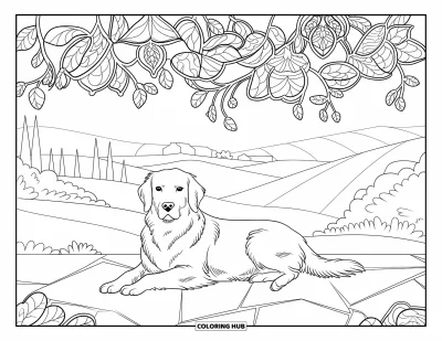 Desen de colorat cu Golden Retriever pentru adulți: Un cățeluș liniștit zace pe piatră sub vitralii cu modele într-un peisaj pitoresc