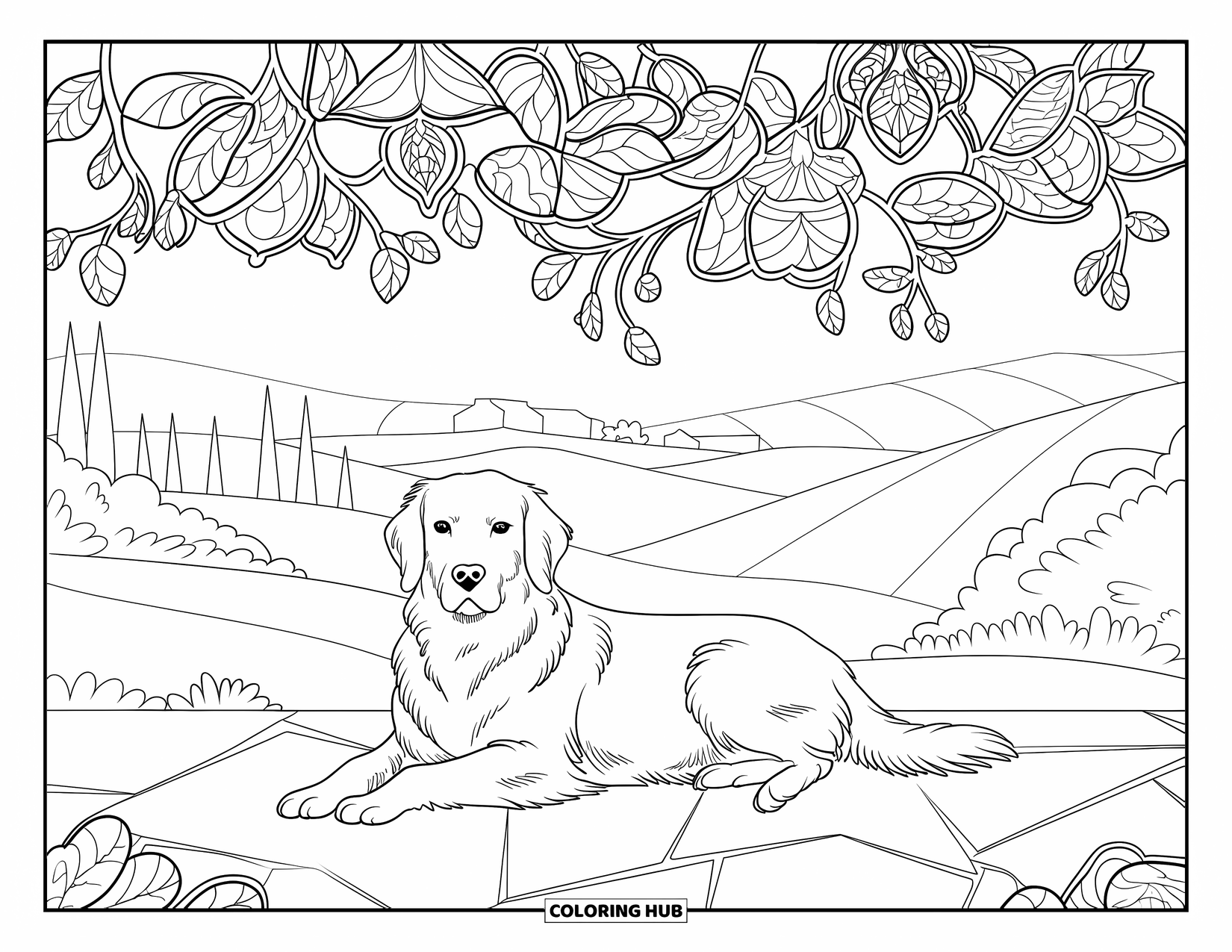 Golden Retriever Coloring Page for Adults: A peaceful pup lies on stone beneath patterned stained glass in a scenic landscape
