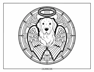 Desen de colorat cu Golden Retriever pentru adulți: Un câine senin stă liniștit într-un cerc de vitralii îngeresc și detaliat