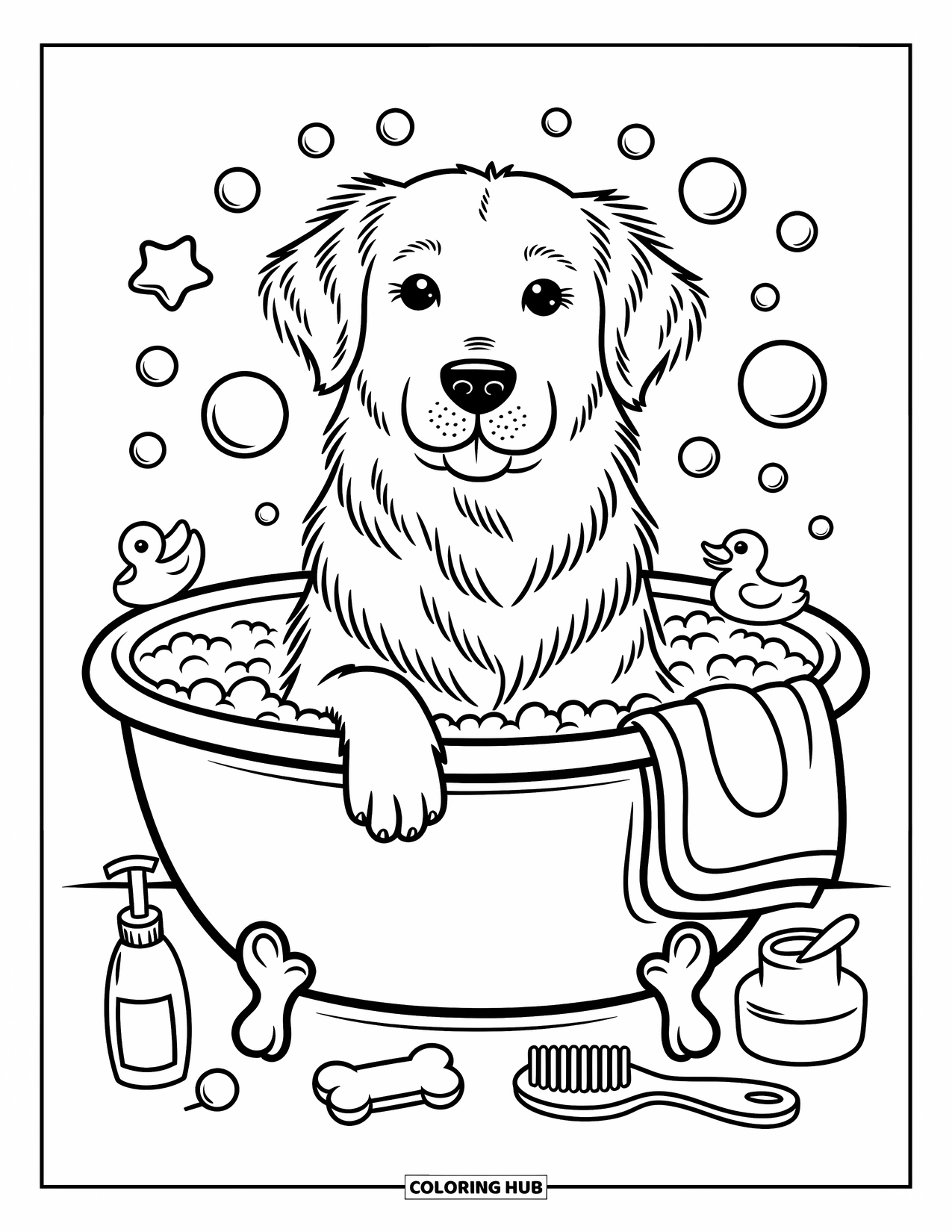 Golden Retriever Coloring Page for Adults: The dog enjoys a bubbly bath with floppy ears, a duck, and shampoo bottles nearby